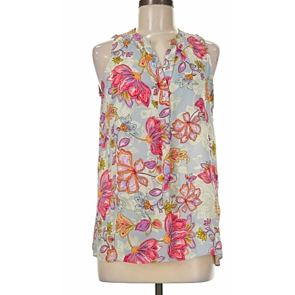 Tabitha Webb Womens Blue Pink Orange Floral Chiffon Button Front V-Neck Blouse M